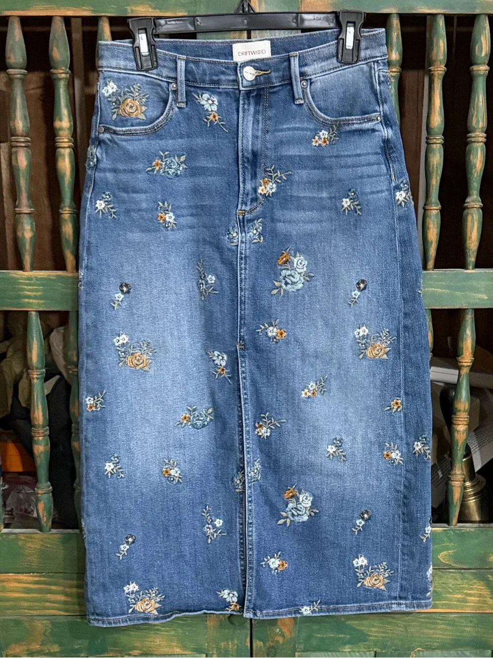 Free People Driftwood Piper Floral Embroidered Denim Midi Skirt - 27